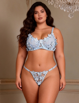 Blue Sexy Floral Mesh Embroidery Lace Bra Set