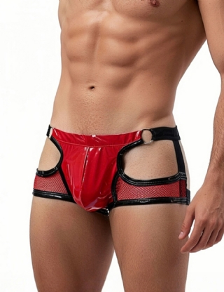 Red Patent Leather Mesh Sexy Low Waist Men Jockstrap