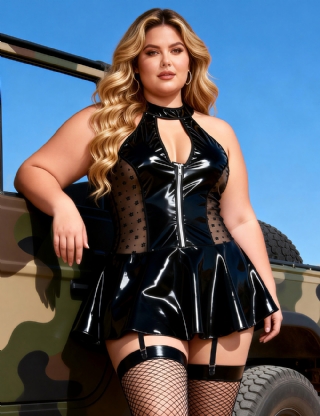 Black Wet-Look Halter Neck Patent Leather Lace Garter Lingerie