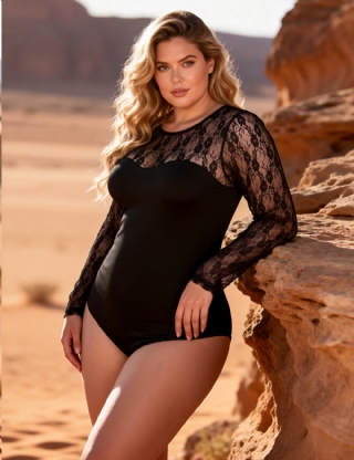 Long Sleeve Black Plus Size Openable Crotch Mesh Bodysuit