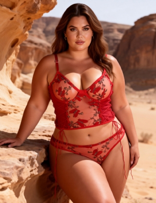 Plus Size Red Butterfly Pattern Embroidery Mesh Lingerie Set With Underwire
