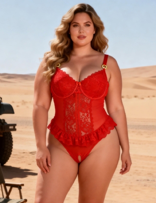 Red Lace Mesh Halter Neck U Shape Backless Ruffled Crotchless Bodysuit