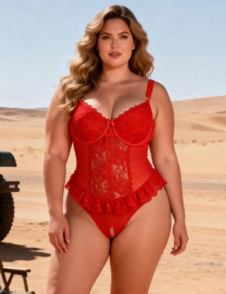 Red Lace Mesh Halter Neck U Shape Backless Ruffled Crotchless Bodysuit