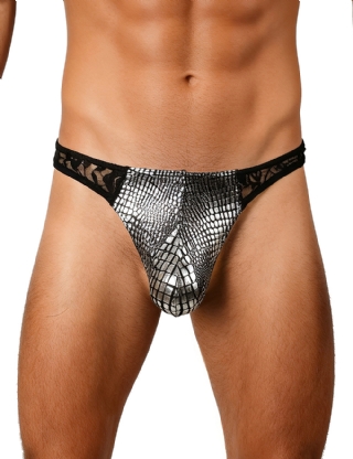 Silver Sexy Men Lace And Gold Foil Faux Leather Thong