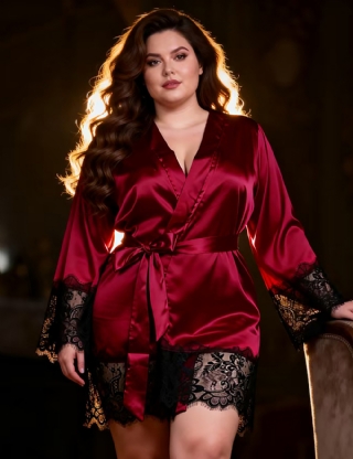 Red Elegant Sleepwear Silk Eyelash Lace Long Sleeves Plus Size Nightdress With G String