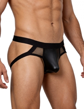 Black Sexy Men PU Leather Mesh Jockstrap