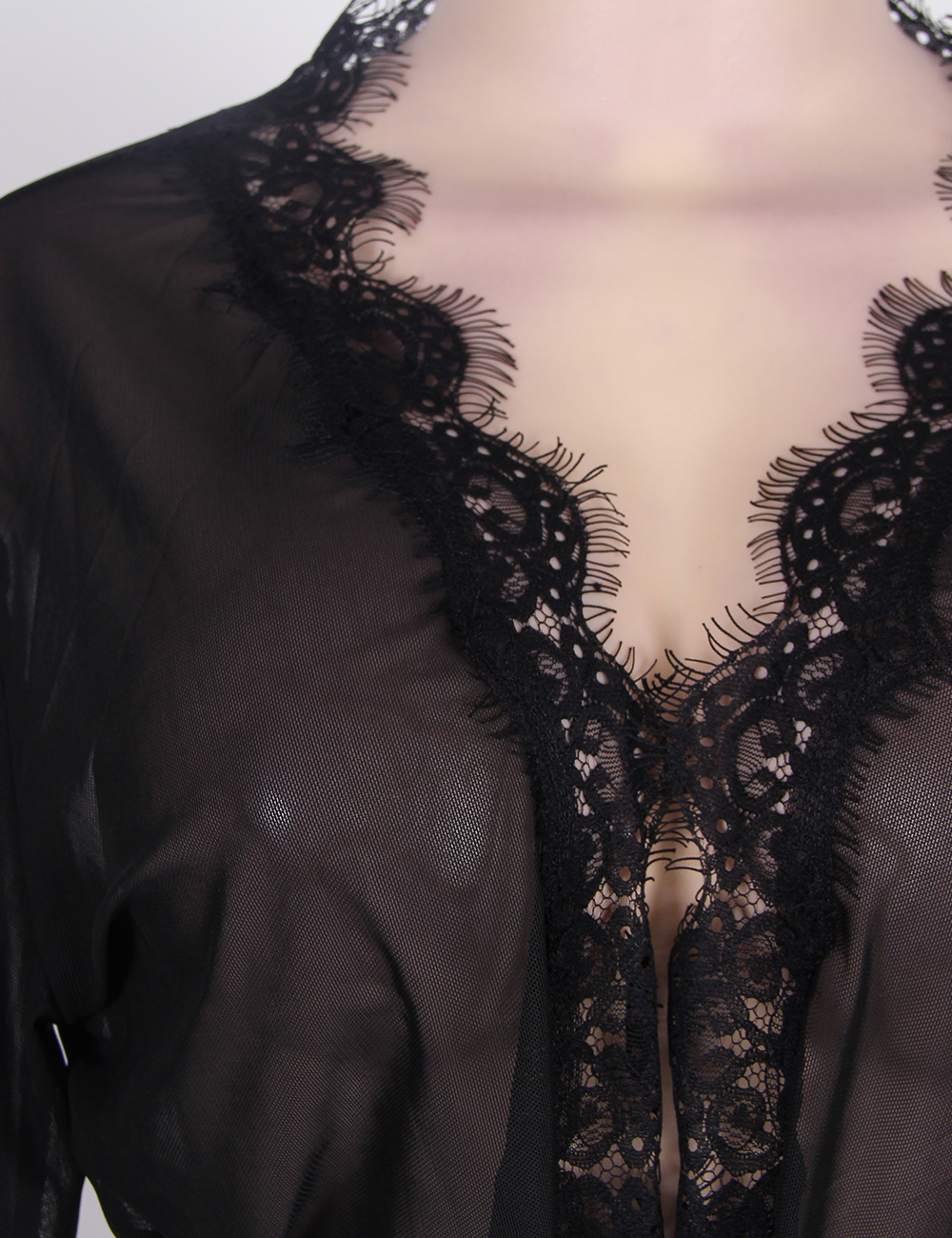 Latest Appealing Black Lace Trim Robe With Thong Wholesale Online