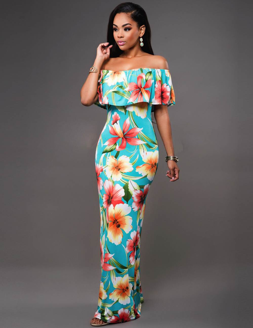China Sexy Party Turquoise Roses Print Off-Shoulder Long Dress Wholesale