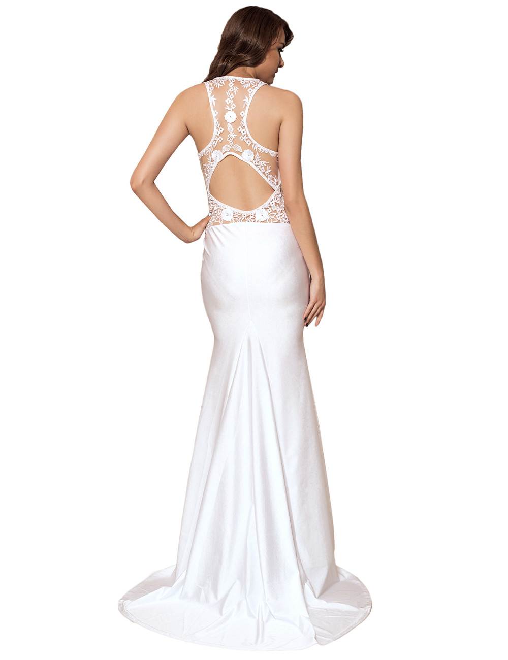 Wholesale Embroidery Sleeveless High Neck Backless White Party Gown
