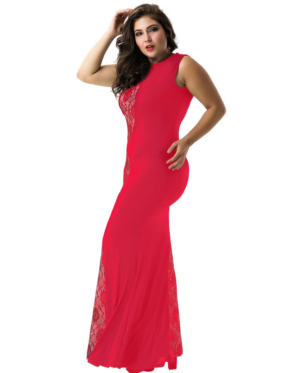 Wholesale Red Lace Panel V-Neck Maxi Dress