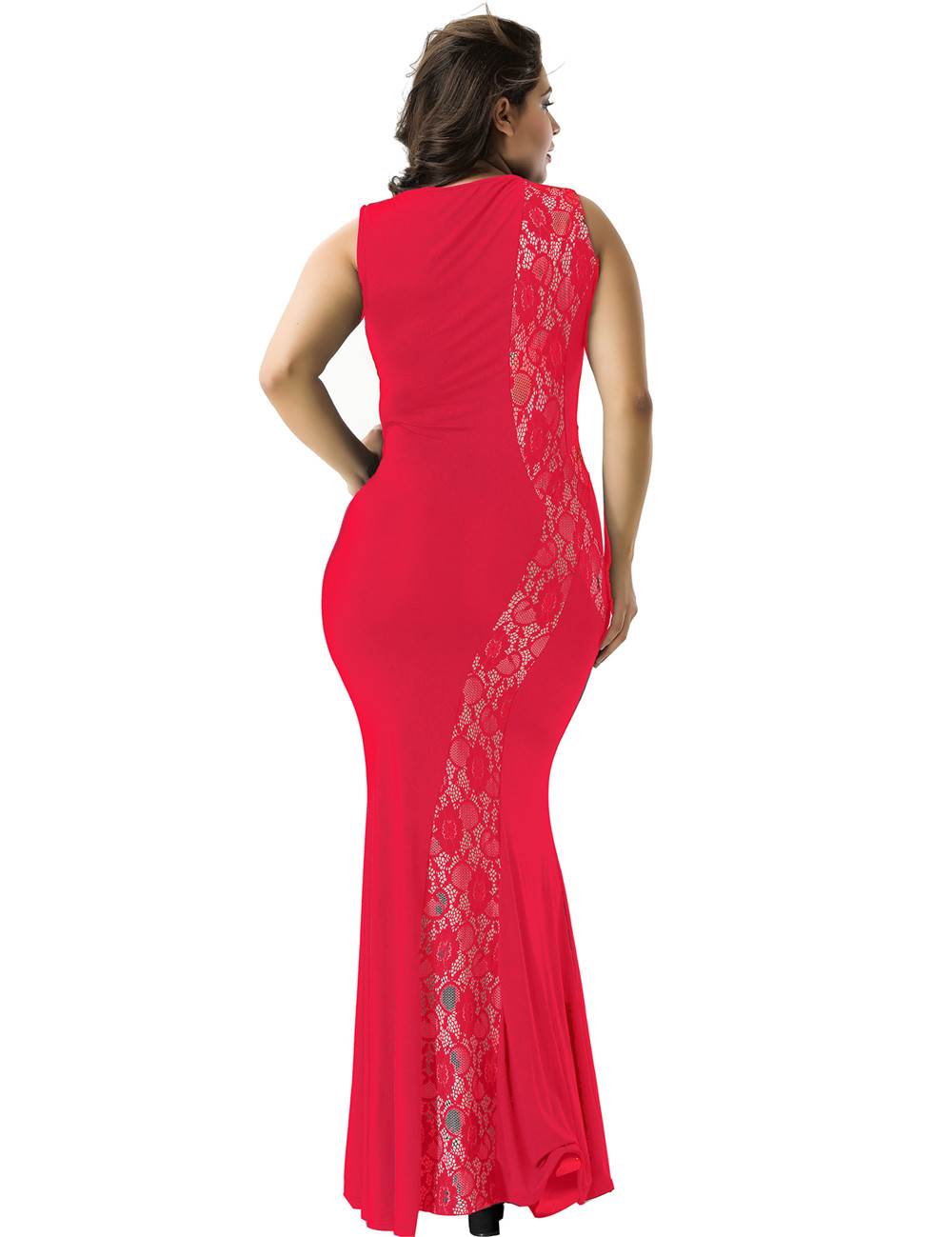 Wholesale Red Lace Panel V-Neck Maxi Dress