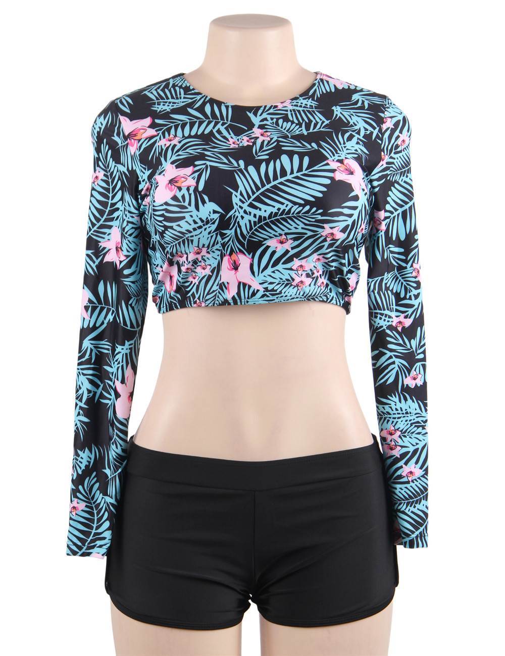 Floral Long Sleeve Crop Tops Bikini Two Piece Swimsuit Racing Swimwear ...
