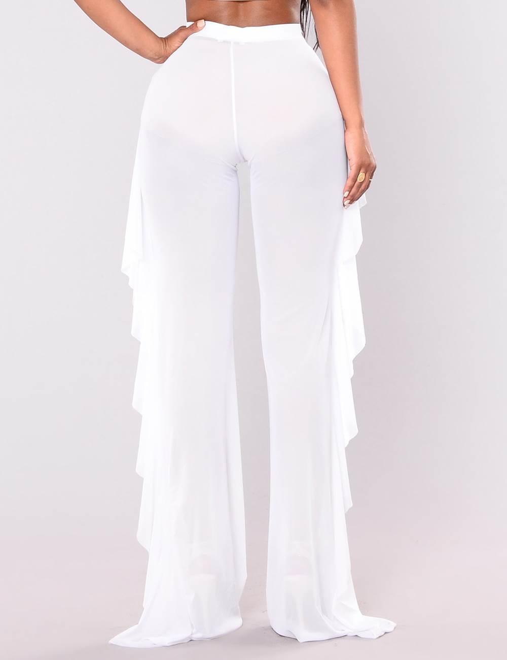 White Fashionable Women Side Ruffle Pants High Waist Stretch Fit Pants ...